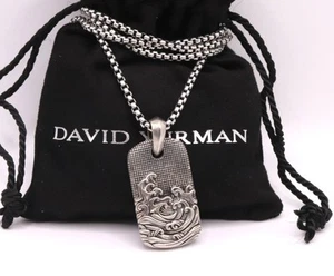 David Yurman Men's Sterling Silver 35mm Waves Dog Tag Pendant 2.7mm Box Necklace - Picture 1 of 5