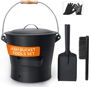 Cubo de Ceniceros con Tapa y Pala, Chimenea de Metal de 2.6 Galones Cubo de Ceniceros con Escoba - Imagen 1 de 9