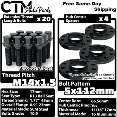 4x 17mm Grueso 5x112 66.56mm CB Espaciador de Rueda Negro Perno Ajuste Ruedas Mercedes Stock Foto 1 de 4