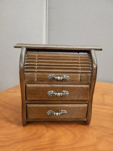 Rare Vintage 2 Drawer Wooden Jewelry Box Chest Roll Top Desk - Picture 1 of 10