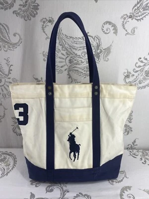 BOLSO DE MANO RALPH LAUREN POLO DE COLECCIÓN #3 MARFIL NATURAL CON LONA AZUL CREMALLERA LLEVAR L Foto 1 de 4