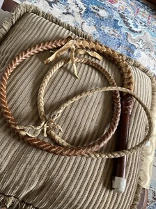 Vintage Leather 7ft Braided Bull Whip Wooden Handle Dungeon Style - Picture 1 of 8