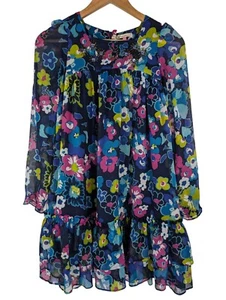Girls Chiffon Floral Dress, John Lewis Blue Long Sleeve Beaded Neck, Age 12 - Picture 1 of 13
