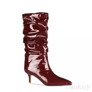 New Fashion Women Outdoor Pointy Toe Kitten Heel Mid Calf Patent Leather Boots L - Picture 1 of 18