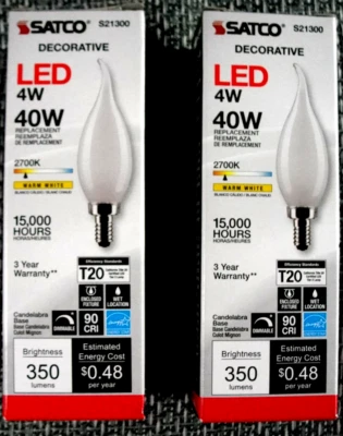 2 LED Chandelier Bulb B11 Candelabra E12 Base 4W 40W Clear 2700K Warm White - Image 1 of 4