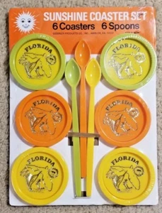 Sunshine Coaster Set 6 Coasters & 6 Stirring Spoons Florida Theme Plastic NIB - Picture 1 of 3