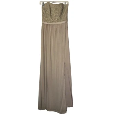 Vestido de Dama de honor David Nupcial Taupe Encaje y Malla Largo Sin Tirantes Talla 4 Hada Glamour Foto 1 de 4