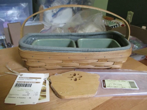 Longaberger HANDLE CRACKER Basket w Protector Sage Liner 2 Cracker Dishes Tags Cover