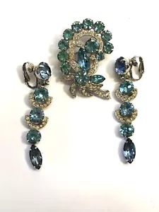 EISENBERG (Signed) Ice Blue Rhinestone 2 1/2" Drop Earrings & 2" Swirl Pin Demi - Picture 1 of 11
