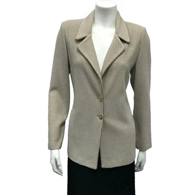 Jaqueta Blazer Feminina Coleção St. John 2 Botões Logotipo de Metal Malha Cáqui EUA Tamanho 4 - Imagem 1 de 4