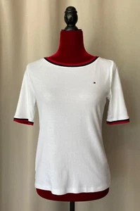 TOMMY HILFIGER Top White Cotton T Shirt Black & Blue Trim Short Sleeve Ladies M - Picture 1 of 5