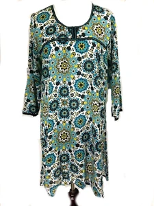 Blue Mandala Tunic Large Top Long India Side Slits 3/4 Sleeve Sequin Accents - Picture 1 of 12