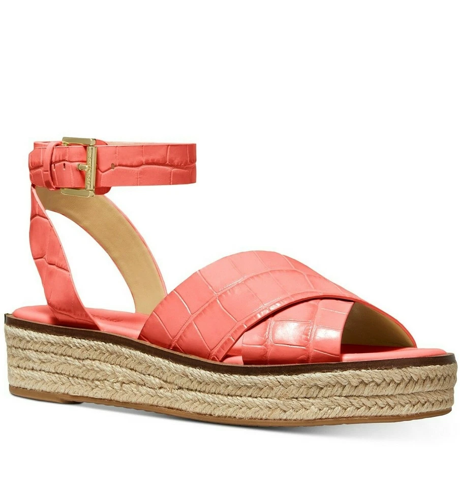 Size 8 Michael Kors Abbott Croc-embossed Leather Sandal Pink Grapefruit
