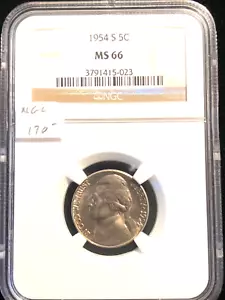 1954-S Jefferson Nickel NGC MS 66 Bright White San Francisco 023 - Picture 1 of 4