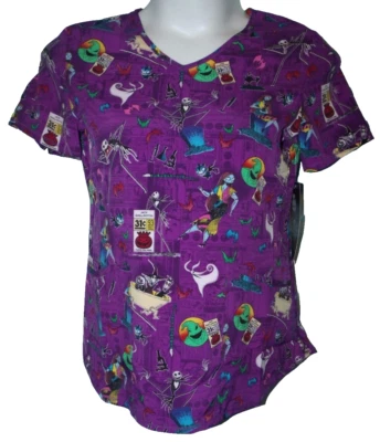 Nightmare Before Christmas Multicolor Halloween SS V-Neck Scrub Top Size M NWT - Image 1 of 4