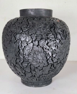 Jarrón antiguo chino tallado en laca de cinabrio, 19 cm, dinastía Ching Foto 1 de 4