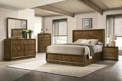 Walnut Finish Full Size 4pc Bed Set Kirkham Bedroom Furniture - Image 1 of 4