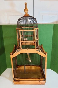 Vtg Large Wooden Dome Style Victorian Bird Cage, W/ Faux Birds &Swing, 32" Ht VG - Picture 1 of 20