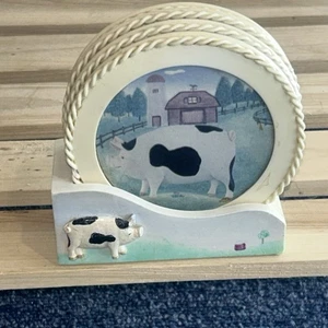 4 Pig Pasture Coasters With Stand Ceramic & Wood. - Picture 1 of 10
