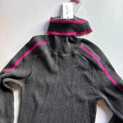 Milly Minis Racer Stripe T Neck Dress Ribbed Knit Charcoal Pink Girls Size 10 - Image 1 of 4