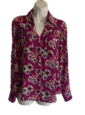 Camisa Express The Portofino Para Mujer Talla Pequeña Púrpura Floral Manga con Pestaña Enrollable Mod Foto 1 de 4