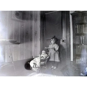 Antique Glass Plate Negative 2 Children Wicker Stroller Books 5x4 Inch Dry Plate - Picture 1 of 3