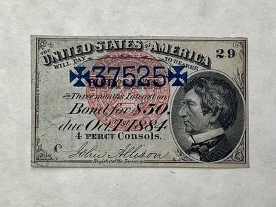 ~ 1877 $50 US Consol Quarterly Interest Coupon - Payable October 1 1884 - Image 1 of 2
