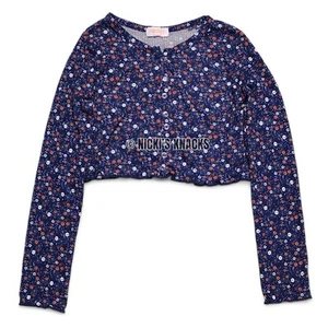 Kensie Girl Long Sleeve Ditsy Floral Crop Top Navy Blue Pink Button Front Sz 12 - Picture 1 of 6
