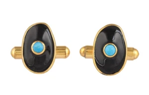 Turquoise 14K Gold Plated Art Deco Enameled Cufflinks - Picture 1 of 5