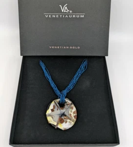 Art Glass Pendant Necklace 8 Strand Bead Venetiaurum Blue Gold White Signed .925 - Picture 1 of 6