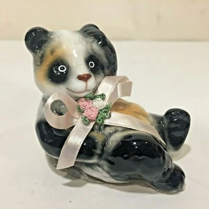 Vtg Reclining PANDA BEAR Bone China Porcelain Ceramic Figurine w Ribbon Bouquet - Picture 1 of 7