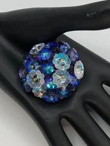 Vintage Blue Margarita Rivoli Glass Stones Gold Tone Brooch Pin 1950s MCM - Picture 1 of 4