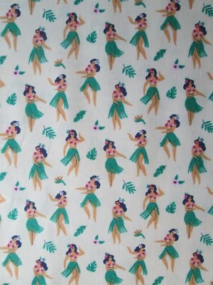 HULA GIRLS DANCE TROPICAL LEIS COLORFUL HIAWAII OFF WHITE COTTON FABRIC FQ - Image 1 of 4