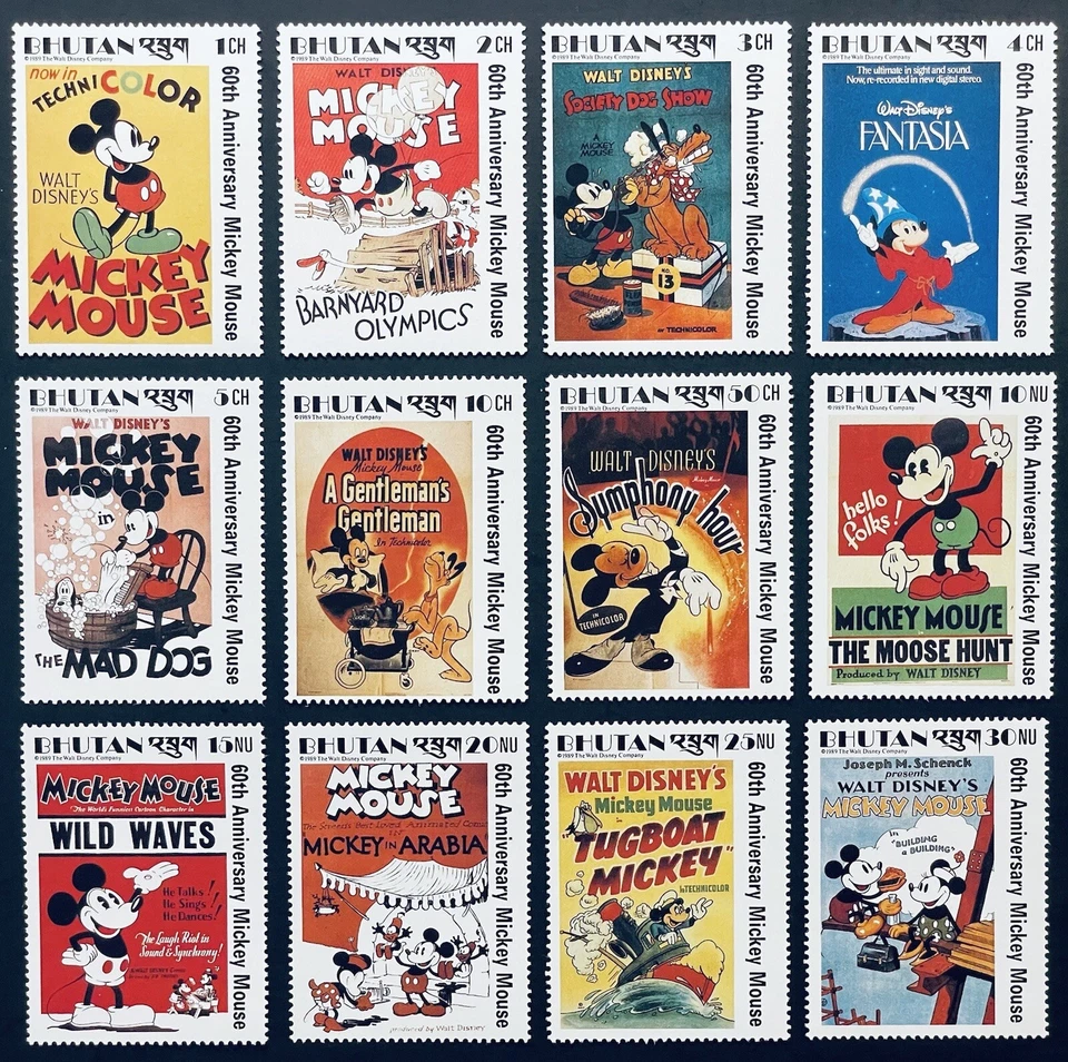 JUEGO DE 12 SELLOS DE DISNEY BUTAN MICKEY MOUSE 60TH ANV 1989 Foto 1 de 1
