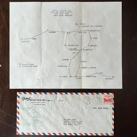 RARE 1949 SAMPLE FIRST FLIGHT CENTRAL AIRLINES COVER WITH MAP OF FLIGHT PATHS Cover