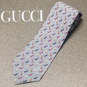 Excellent GUCCI TIE Authentic Boots Pattern Tie Ice Blue Luxury Silk