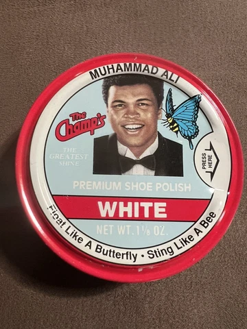 1980s vintage Muhammad Ali "The Champ's" Shoe Polish Shine tin can WHITE color Cover