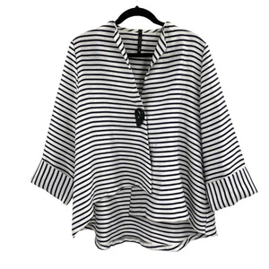 IC by Connie K Jacket Womens size XL Blue White Stripe Sheen Boxy Lagenlook - Picture 1 of 10