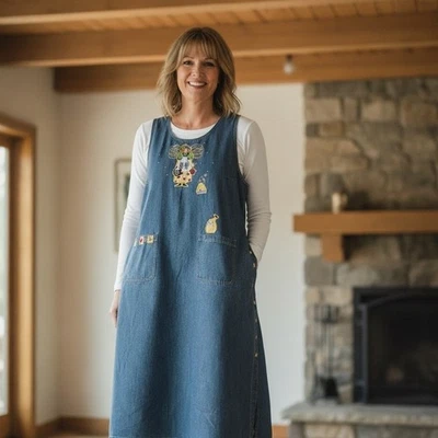 Quacker Factory Vintage Denim Pinafore Dress Womens 3X Blue Fairy Bee Apple 90s - Image 1 of 4