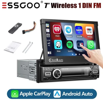 7" Flip Out Stereo Car Radio Single 1Din Touch Screen Apple CarPlay Android Auto - Image 1 of 4
