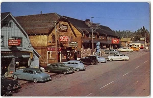 TAHOE CITY, CA 1940s Cars LAKE TAHOE Tahoe Inn Jay's Drugs Vintage Postcard - Picture 1 of 2