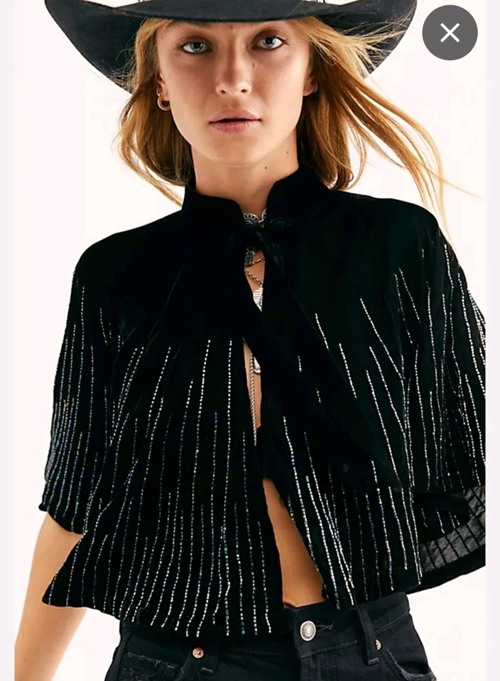 SAACHI ENBELLISHED BLACK VELVET BEADED WOMAN'S SHAWL /CAPE EVENING WEAR ONE SIZE — 第 1/4 张图片