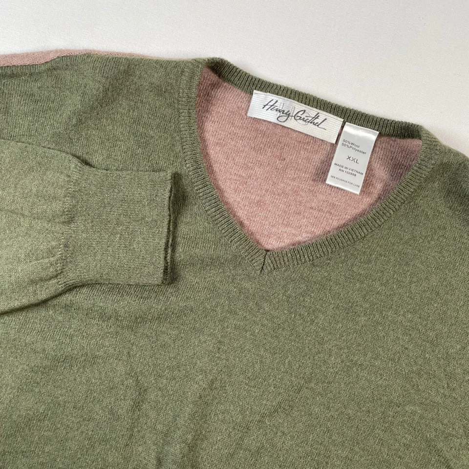 Henry Grethel XXL V-Neck Sweater Wool Blend Olive Green and Tan Accents - Image 1 of 4
