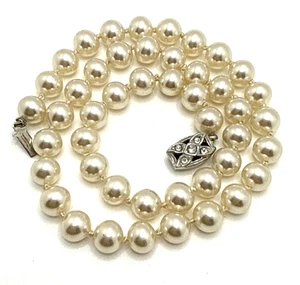 Vintage Faux Pearl Choker Necklace Hand Knotted Glass Beads Rhinestone Clasp 16" - Picture 1 of 6