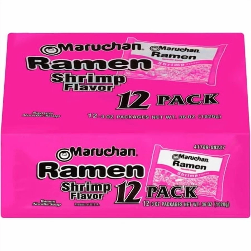 (48 pack) Maruchan Ramen Noodle Shrimp Flavor Soup, 3 oz, 12 Count Shelf Stable