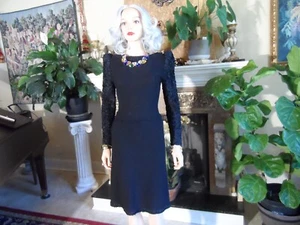 Adolfo Black Knit A Line Vintage Dress w/Long Sleeves Embellished Size M - Picture 1 of 21