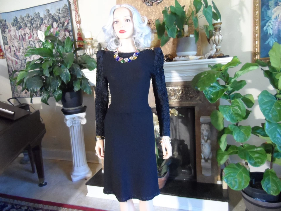 Vestido Adolfo Negro Tejido Línea A Vintage con Mangas Largas Adornado Talla M Foto 1 de 4