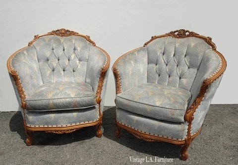 Pair of Vintage French Provincial Louis XVI Ornate Blue Velvet Tufted Chairs Cover