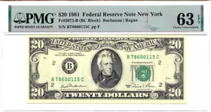1981 $20 Federal Reserve Note, New York district, PMG Certified Choice UNC63 EPQ - Picture 1 of 2