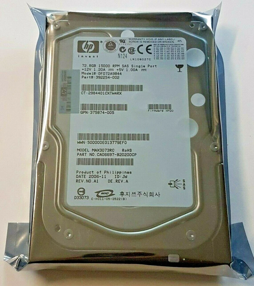 72.8 GB SAS HP DF072A9844 15000 RPM 8 MB HDD 3.5" Internal Hard Drive New - Image 1 of 1